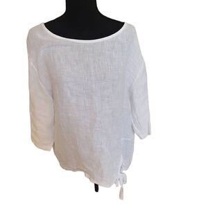 Beyond Capri Womens Linen Blouse Side Tie Quarter Sleeve Button White OS